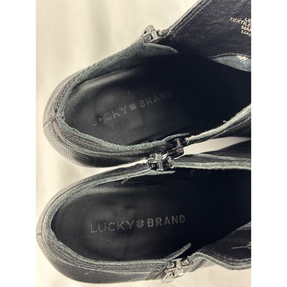 Lucky Brand Natlee Leather Ankle Booties Black 8 Stacked Heel Lug Sole Zip - Picture 7 of 12